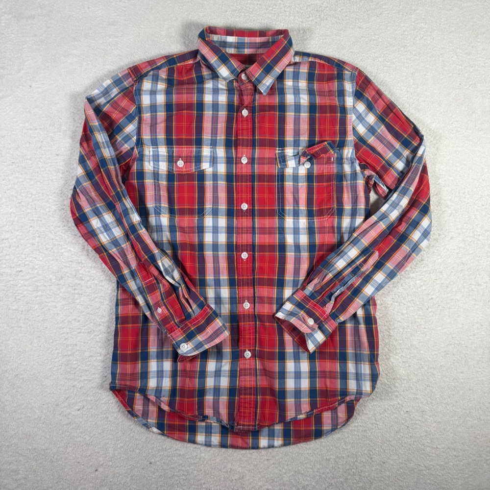 Old Navy Plaid Button Down Men Medium Red Blue Excellent Classic Fit Cotton